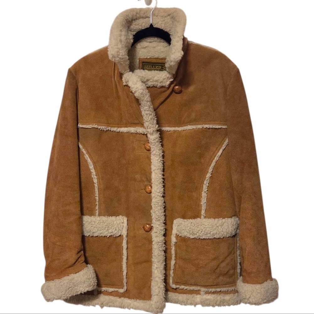 Vintage Miller Stockman Cowhide Leather Suede‎ Sherpa Ranch Western Rodeo Coat
